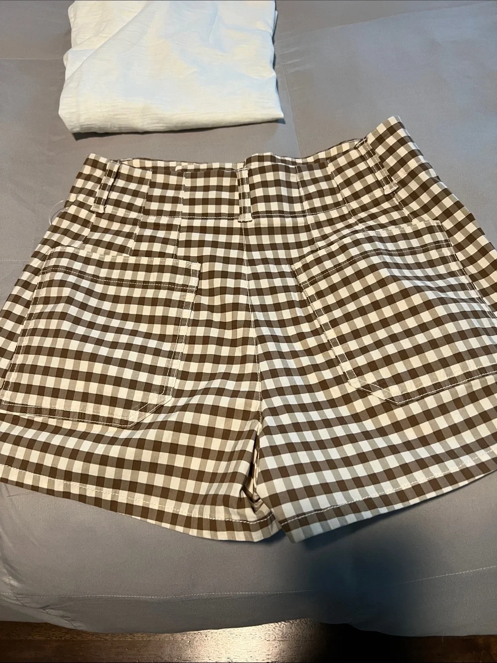 Outfit - Maeve Collette Brown Gingham High-Waist Shorts and Pilcro Ivory Top